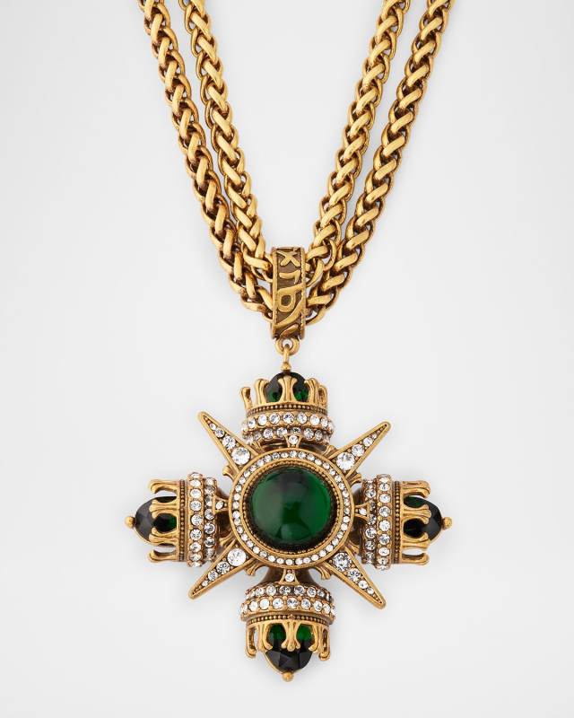 Two-Row Chain Rhinestone and Emerald Crown Pendant Necklace